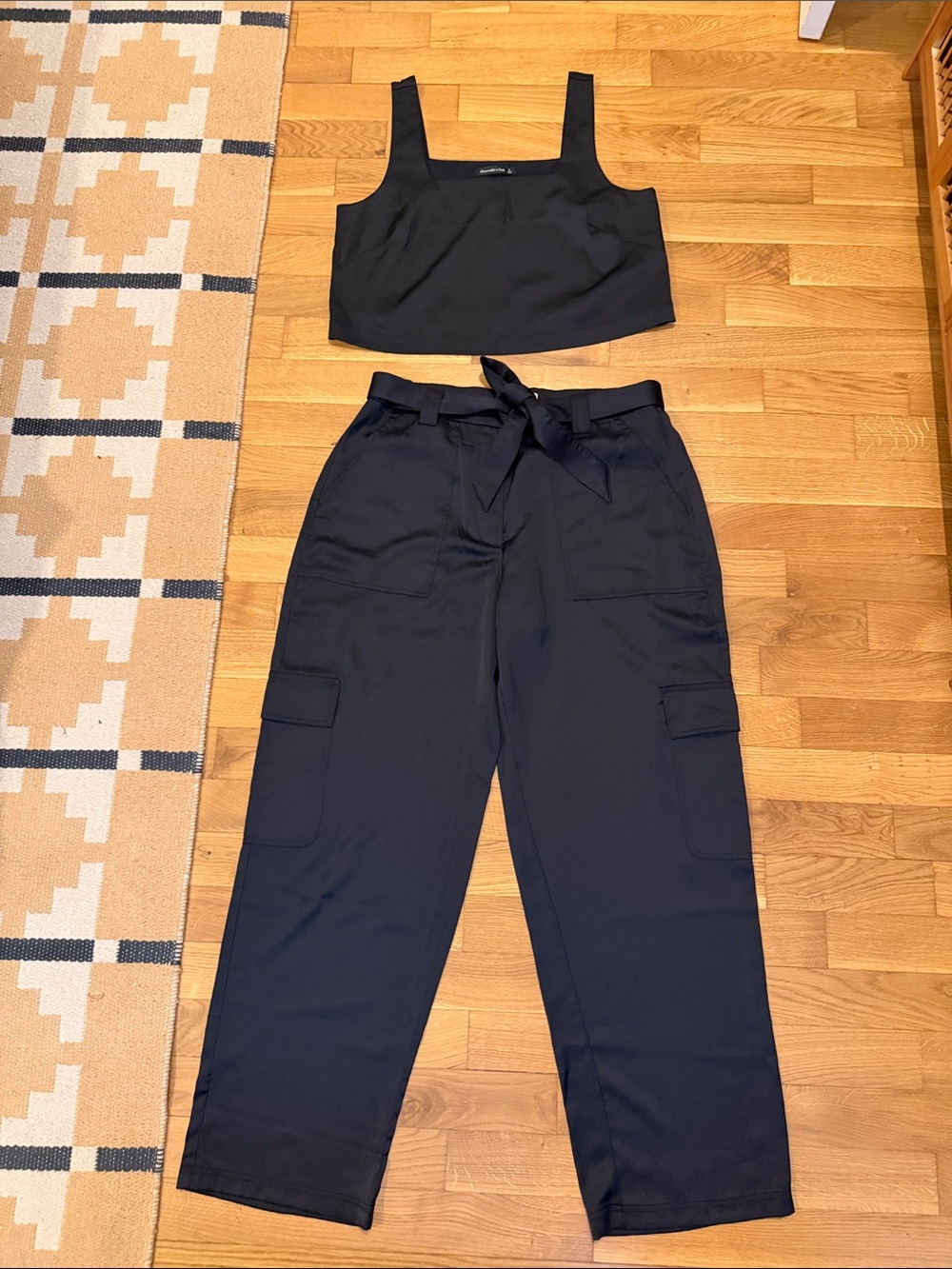 A&F Black Satin High-Waist Cargo Pants with Tie Belt & Matching Tank
